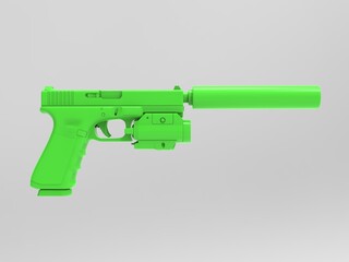 Bright green handgun with slencer and laser point sight on light gray background