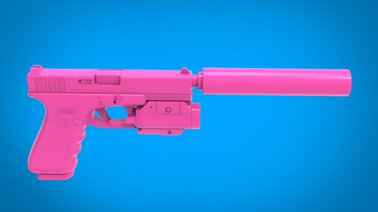 Pink handgun with slencer and laser point sight on light blue background