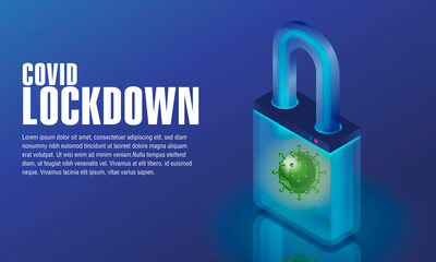Isometric concept for Covid-19 Lockdown, with Covid 19 inside lock. Covid Virus in a transparent lock for health protection. Illustrator file with separate layers for each elements & background. 