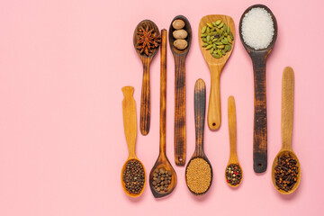Various herbs and spices in wooden spoons. Flat lay of spices ingredients pepper, salt, cinnamon,star anise, nutmeg, allspice, clove, mustard seeds and cardamom on colorful trendy background. Flat lay