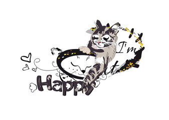 Design with a slogan I'm happy with  cute cats. Handwritten lettering quote, slogan or saying. Hand drawn vector illustration. 