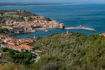 Naklejka na ściany i meble The amazing aerial view over Collioure from Fort Saint Elme surrounded by vineyards, Vermeille coast, France