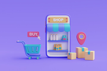 Online shopping concept on 3d smartphone,digital marketing and business promotion,online payment.3d render illustration.