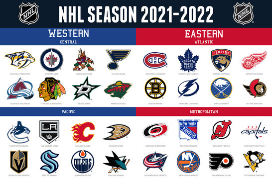 Logo of all 2021-2022 Season national hockey league teams. NHL team icons. Set all the new hockey teams logos. Vector eps illustration