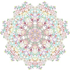 Round abstract pattern of bright elements on a white background for a cover.