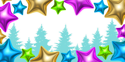 Multicolor air balloons star shape on a white background with Christmas trees. Card design. Luxury background for poster, banner, holiday, party. Banner. Merry Christmas. 3D render.