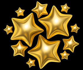 Gold air balloons star shape on a black background. Card design. Luxury background for poster, banner, holiday, party. Banner. Merry Christmas! Isolated. 3D render.