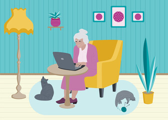 Elderly woman, grandmother with computer, laptop and cats sitting in chair at home. Vector illustration
