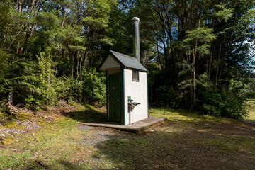 Wooden toilet in the forest, New Zealand