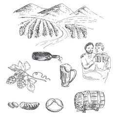 Landscape with plantings of hops. Beer in a mug, sausage, pretzel. Two men are beer drinkers. Vector illustration.