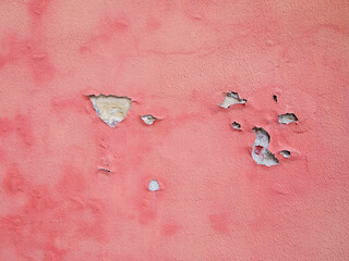 The pink paint is peeling off the wall. Old damaged surface.