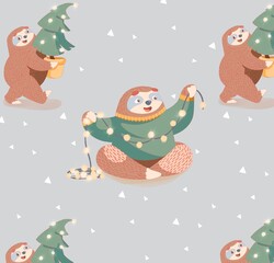 seamless pattern with cute cartoon sloth in christmas sweater with christmas tree pattern and christmas garland with lights. wrapping paper pattern