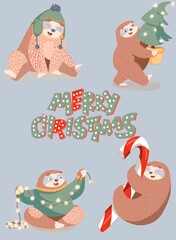 Set of Christmas illustrations with sloth. Merry Christmas lettering. Children's illustrations. Christmas card design 
