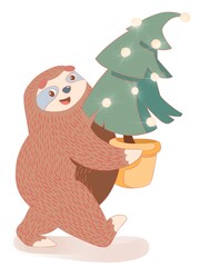 cute cartoon sloth with christmas tree and lights