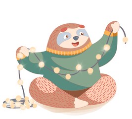 cute cartoon sloth in christmas sweater pattern and christmas garland with lights.