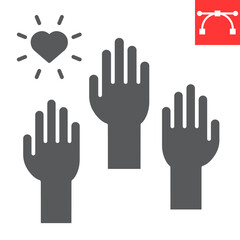 Volunteering glyph icon, teamwork and volunteer, hands up vector icon, vector graphics, editable stroke solid sign, eps 10.