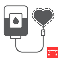 Blood donation glyph icon, donorship and transfusion, blood bag vector icon, vector graphics, editable stroke solid sign, eps 10.