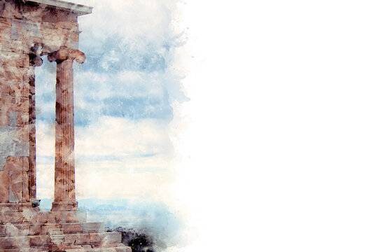 Temple of Nicky Ateros against the background of a cloudy sky in Athens Acropolis