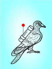vector carrier pigeon with beacon shooting rays in the style of an etching