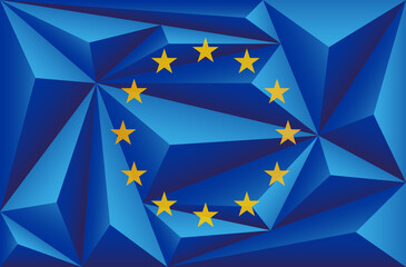 Abstract polygonal background in the form of colorful blue triangles and pyramids. Polygonal flag of Europe.