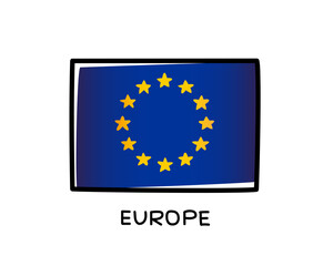 European flag. Colorful logo of the flag of Europe. Hand drawn blue brush strokes. Black outline. Vector illustration