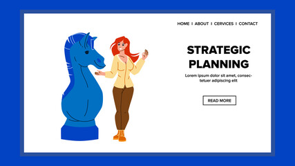 Strategic Planning Young Businesswoman Vector. Business Woman Strategic Planning For Success Goal Achievement. Character Lady Developing Strategy Plan Web Flat Cartoon Illustration