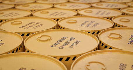 radioactive waste in barrels, nuclear waste repository, 3d render