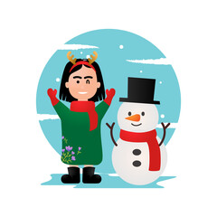 Illustration cute girl wearing christmas headband with snowman