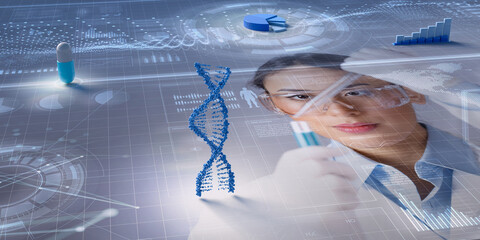 Holograms of DNA helix, capsule and diagrams on scientific backdrop. Concept about genetics,...