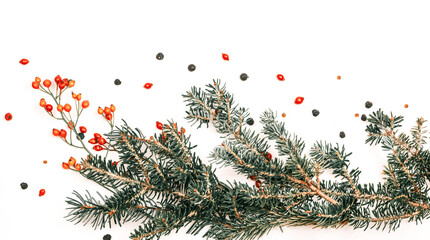 Natural pine branch with red berries on a white background. © Anastasiya