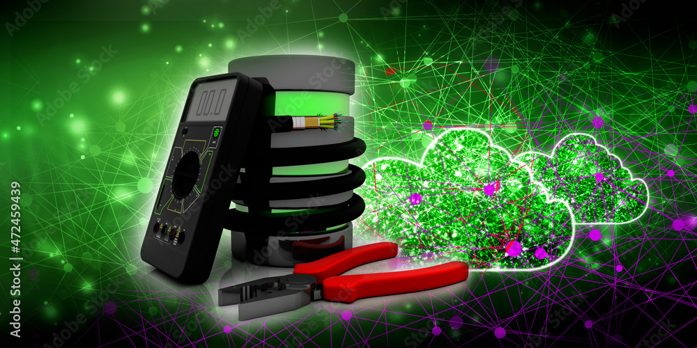 Poster 3d rendering fiber optical cable detail connected database with multi meter near cutting player