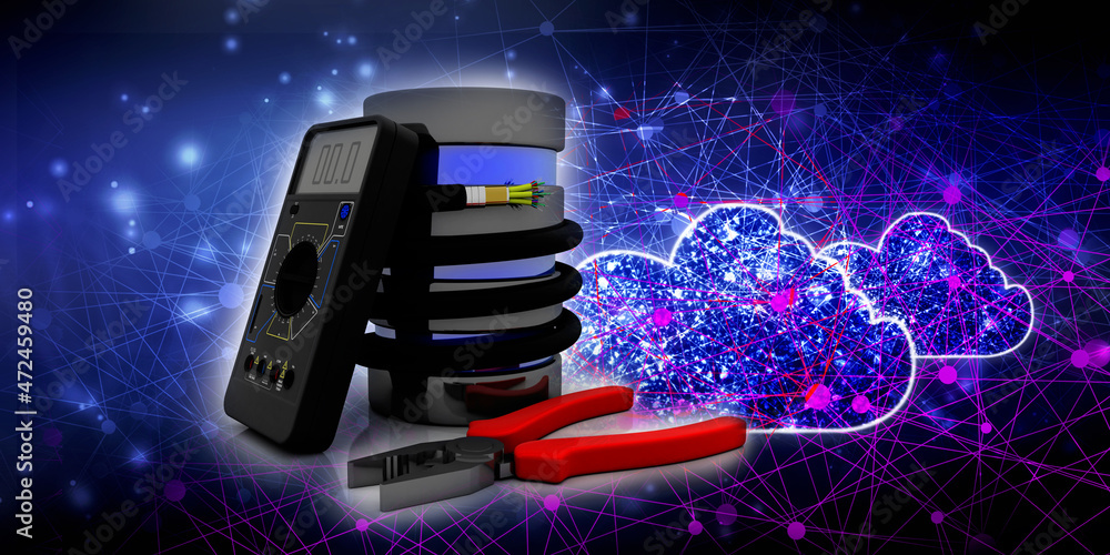 Poster 3d rendering fiber optical cable detail connected database with multi meter near cutting player
