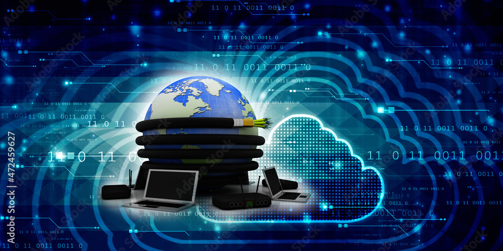 Poster 3d rendering fiber optical cable detail connected globe around computer network