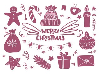 Set of simple hand drawn vector illustrations in simple doodle style Merry Christmas