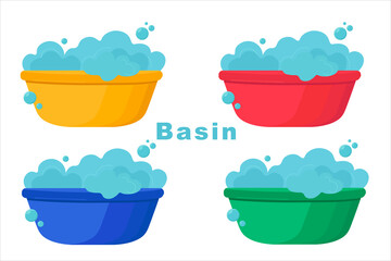 Set of plastic basin with soap suds. Bowl with water. Washing clothes, cleaning equipment. Vector illustration in flat style