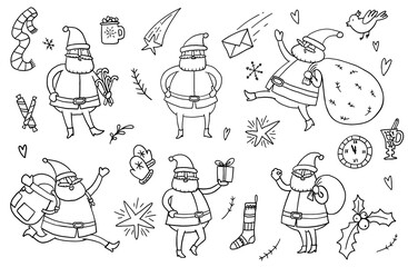 sketch of santa and christmas elements on white background.