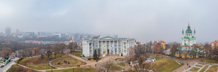 Aerial view on a foggy day at St. Andrew's Church, Kiev, Ukraine