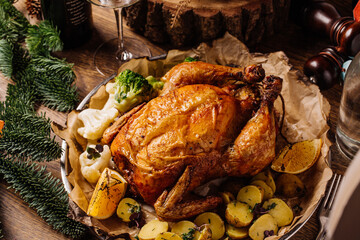 Roast chicken and prepared potatoes on plate