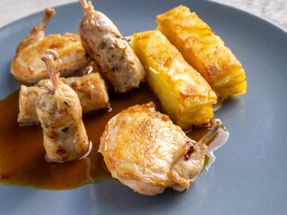 Side view of quail sous vide and potato gratin.