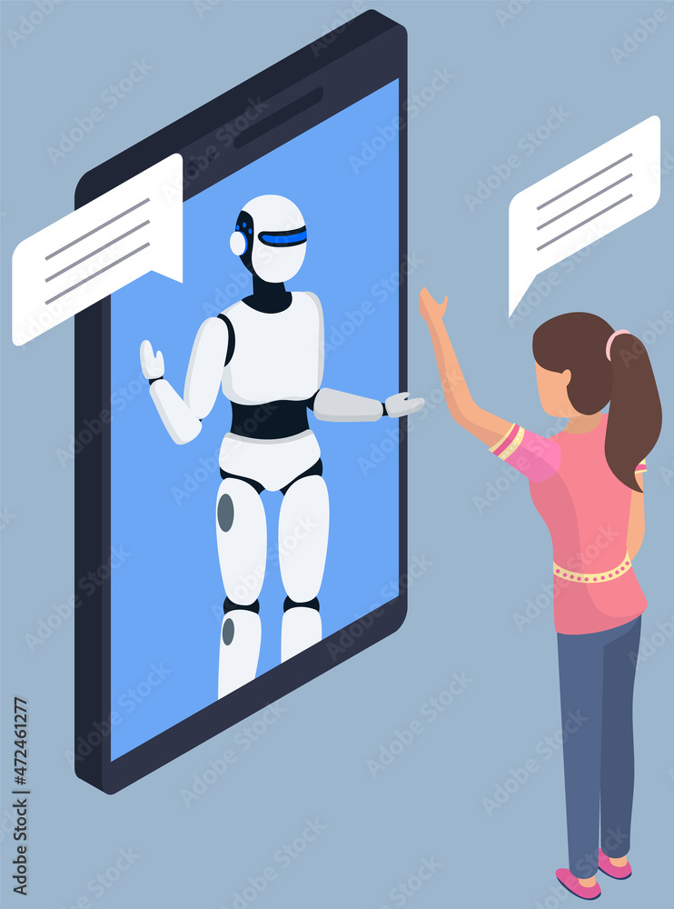 Poster robotics development, robot on screen. woman communicating with artificial intelligenc. automatic ar
