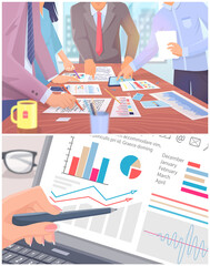 Visualize with business analytics. People work with statistical data analysis, changing indicators. Employees analyze statistical indicators, business data. Characters work with marketing research