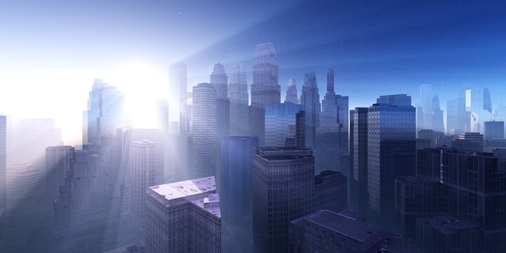 Beautiful sunrise over the city, beautiful city in the rays of the rising sun, skyscrapers in the rays of light, 3D rendering