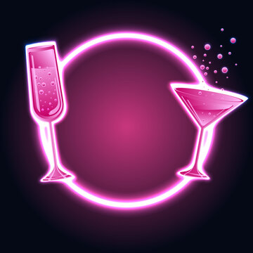 Pink neon glasses with drinks and bubbles
