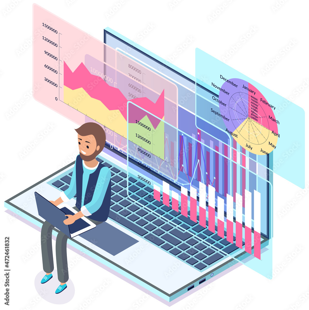 Poster computer with calculator and report, financial chart. businessman analyzes statistical indicators, d