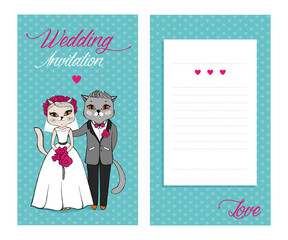 Funny wedding greeting cards, invitation with cats, bride and groom. Vector illustration