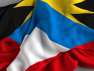 The Flag of Antigua and Barbuda, a sovereign island country in the West Indies in the Americas