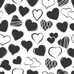 Heart seamless pattern, Valentines vector cute background, doodle hearts, black and white design. Holiday hand drawn print