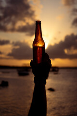Small bottle of amber beer raised as a toast during a majestic sunset at lake.