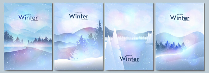 Set of winter landscapes. Flat style. Snowy backgrounds. Snowdrifts. Snowfall,  blizzard, snowy weather. Vector illustration design for poster, book cover, brochure, booklet, magazine, flyer.