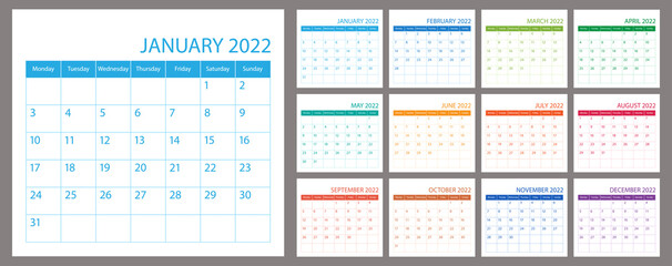 Calendar planner 2022, vector schedule month calender, organizer template. Week starts on Monday. Business personal page. Modern illustration